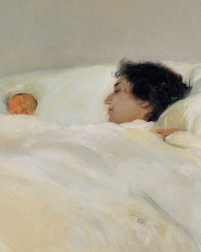 Pintura de una madre acostada junto a su bebé recién nacido, entre sábanas blancas