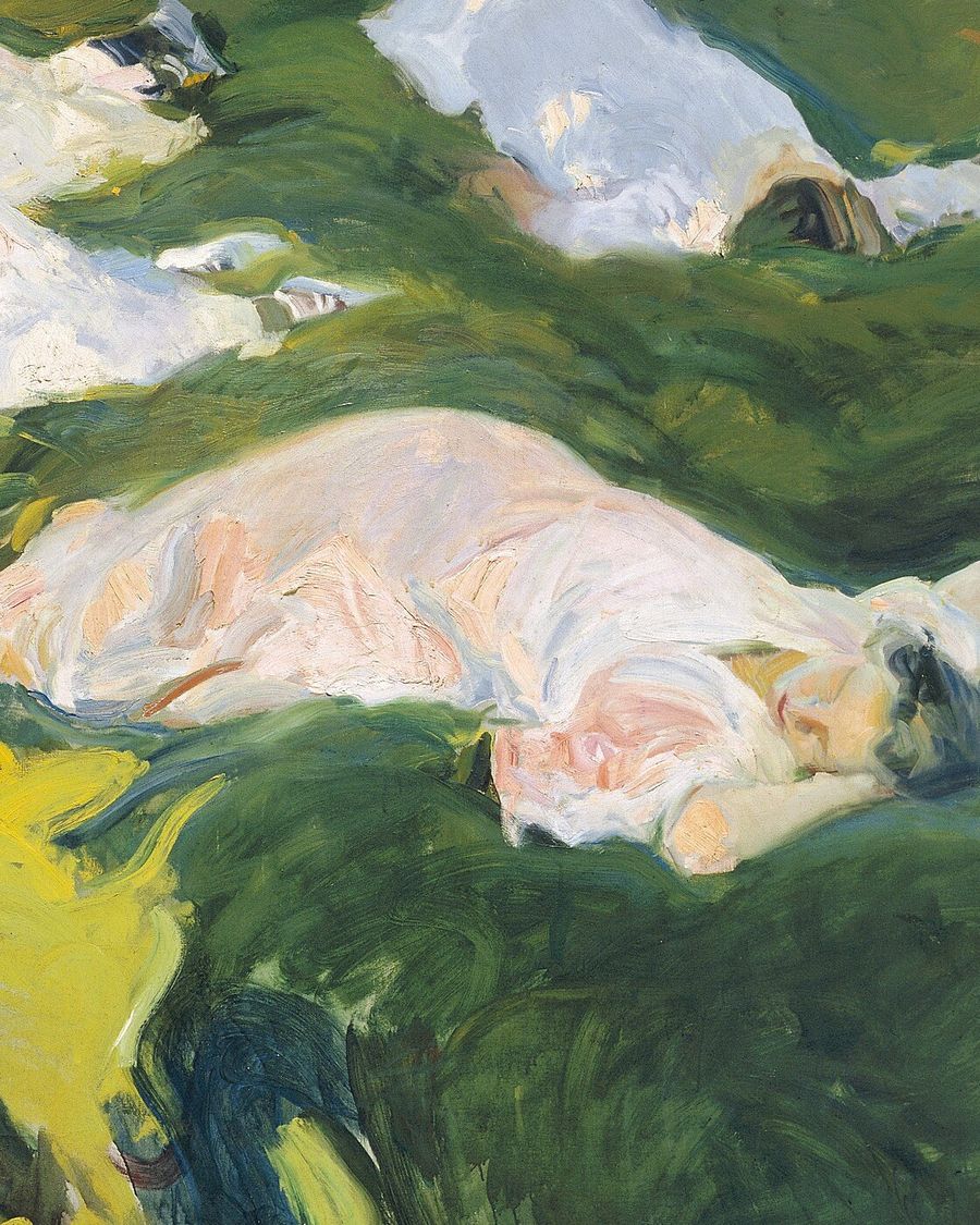 Pintura de unas mujeres vestidas de blanco, tumbadas a descansar sobre la hierba, a la sombra