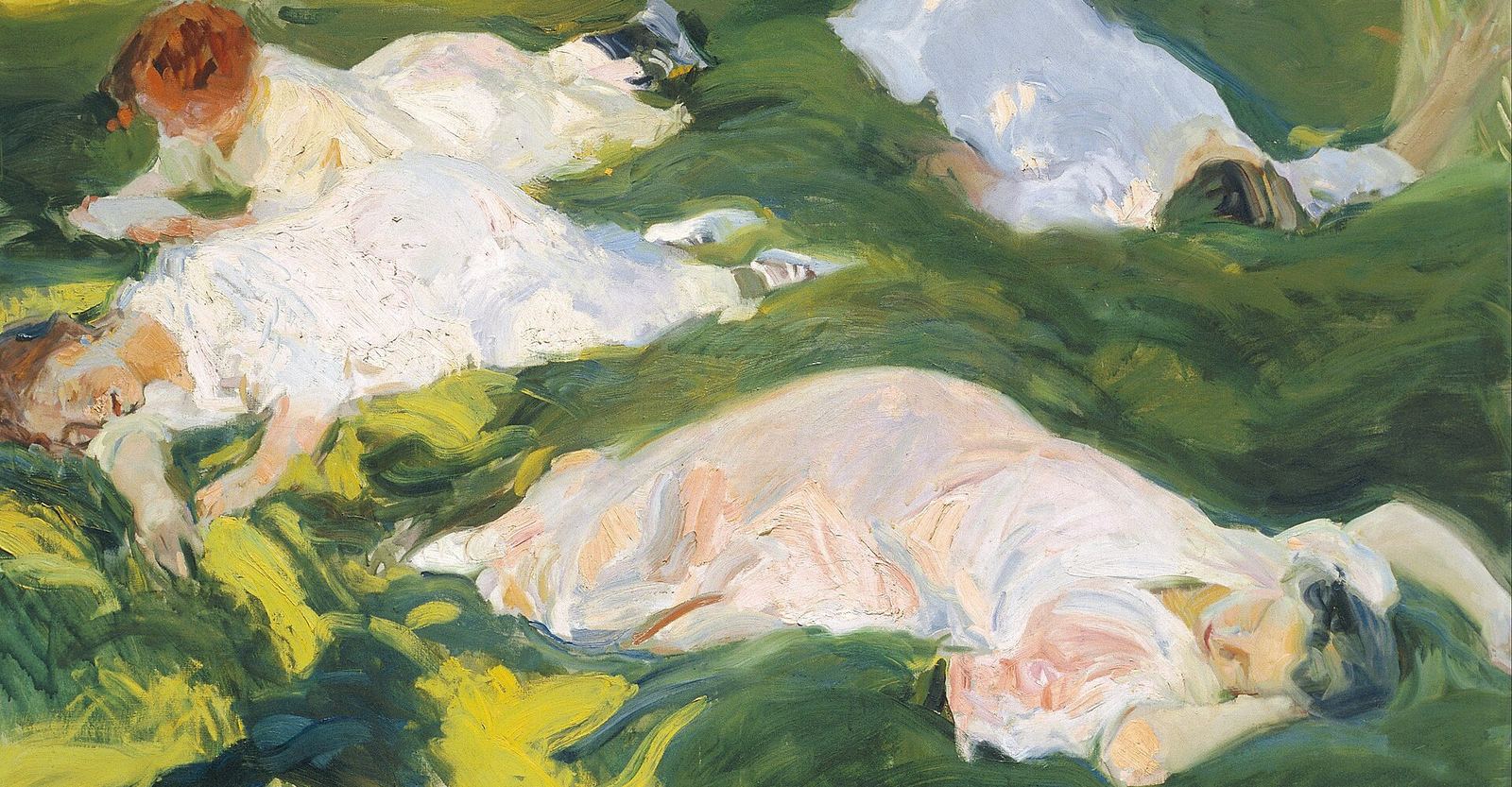 Pintura de unas mujeres vestidas de blanco, tumbadas a descansar sobre la hierba, a la sombra